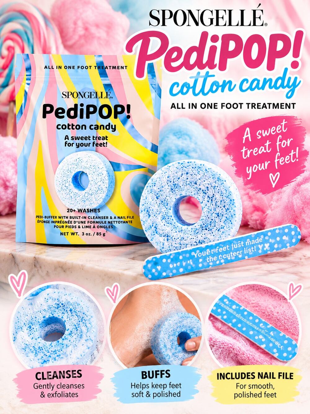 Spongelle Cotton Candy PediPOP! Pedi Buffer & Nail File NEW